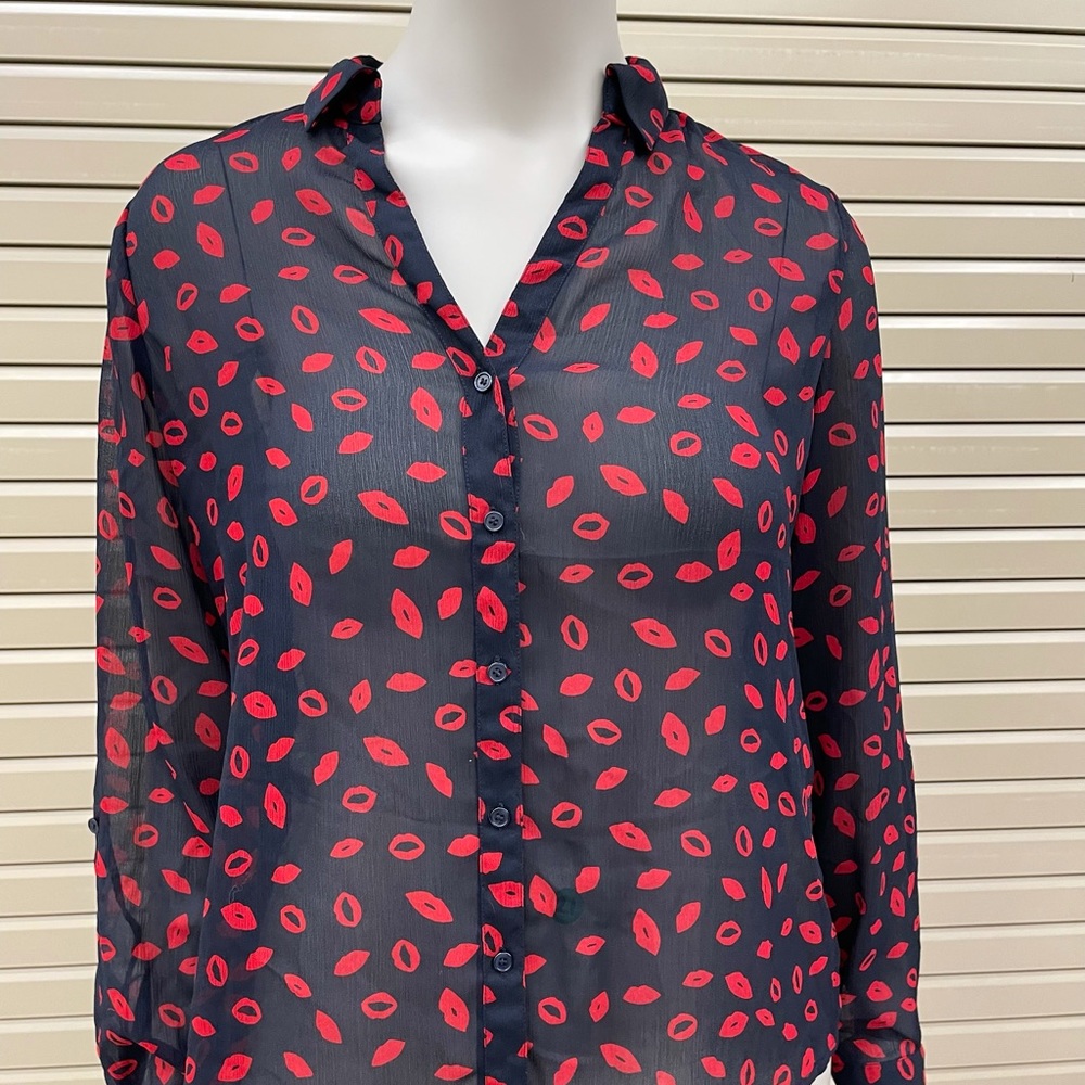 Sheer blue with red lips blouse
